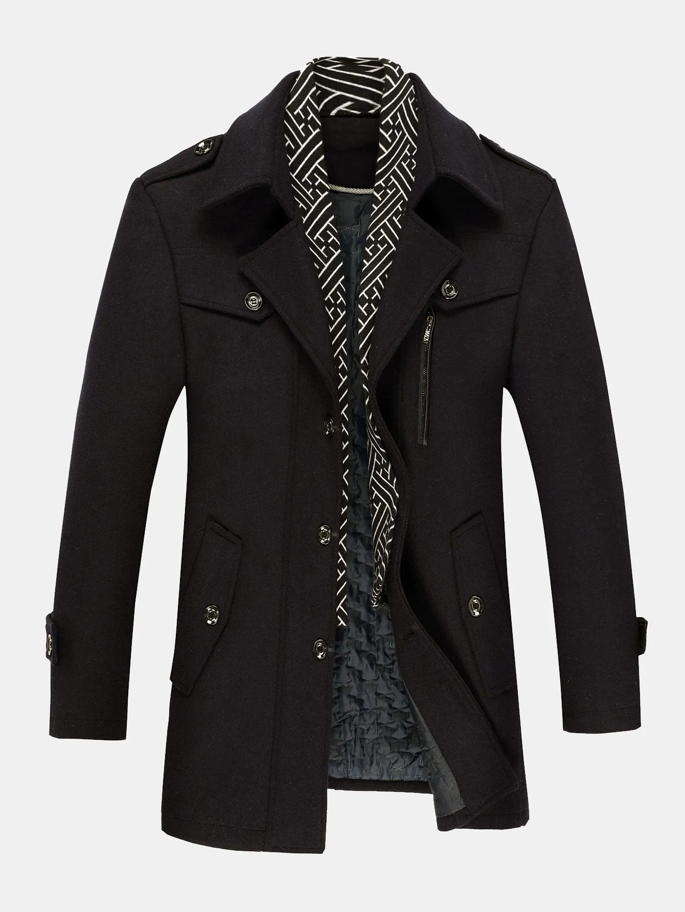 Quilted Lined Double Layer Detachable Scarf Neck Woolen Coat
