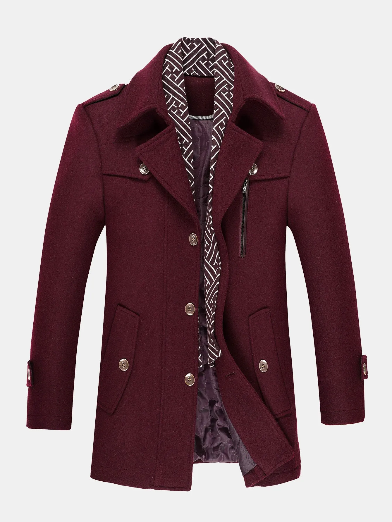 Quilted Lined Double Layer Detachable Scarf Neck Woolen Coat