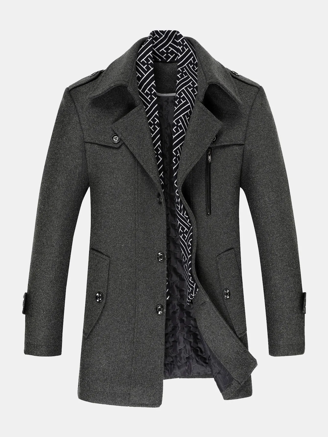Quilted Lined Double Layer Detachable Scarf Neck Woolen Coat