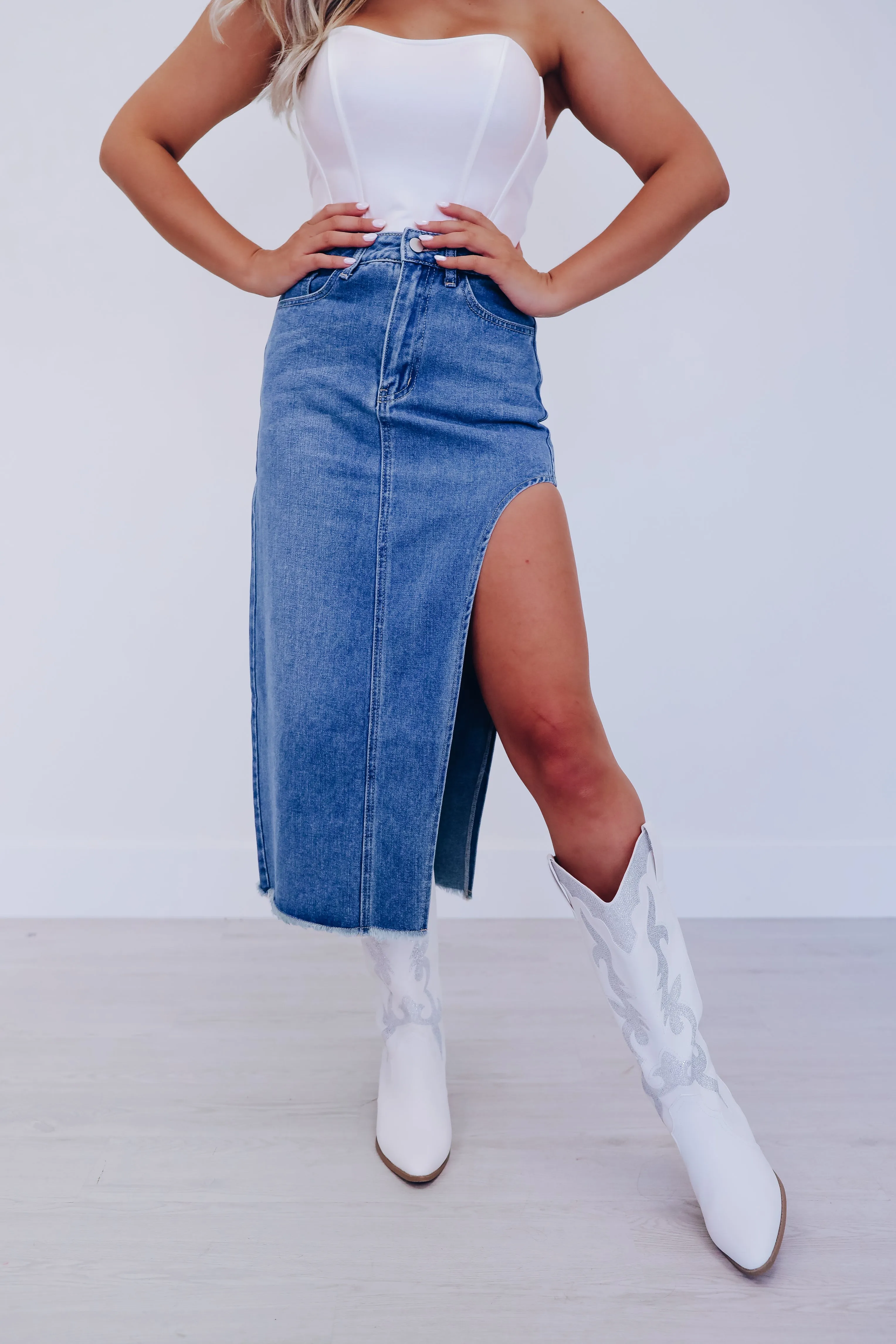 Sarah Side Cut Sassy Denim Skirt