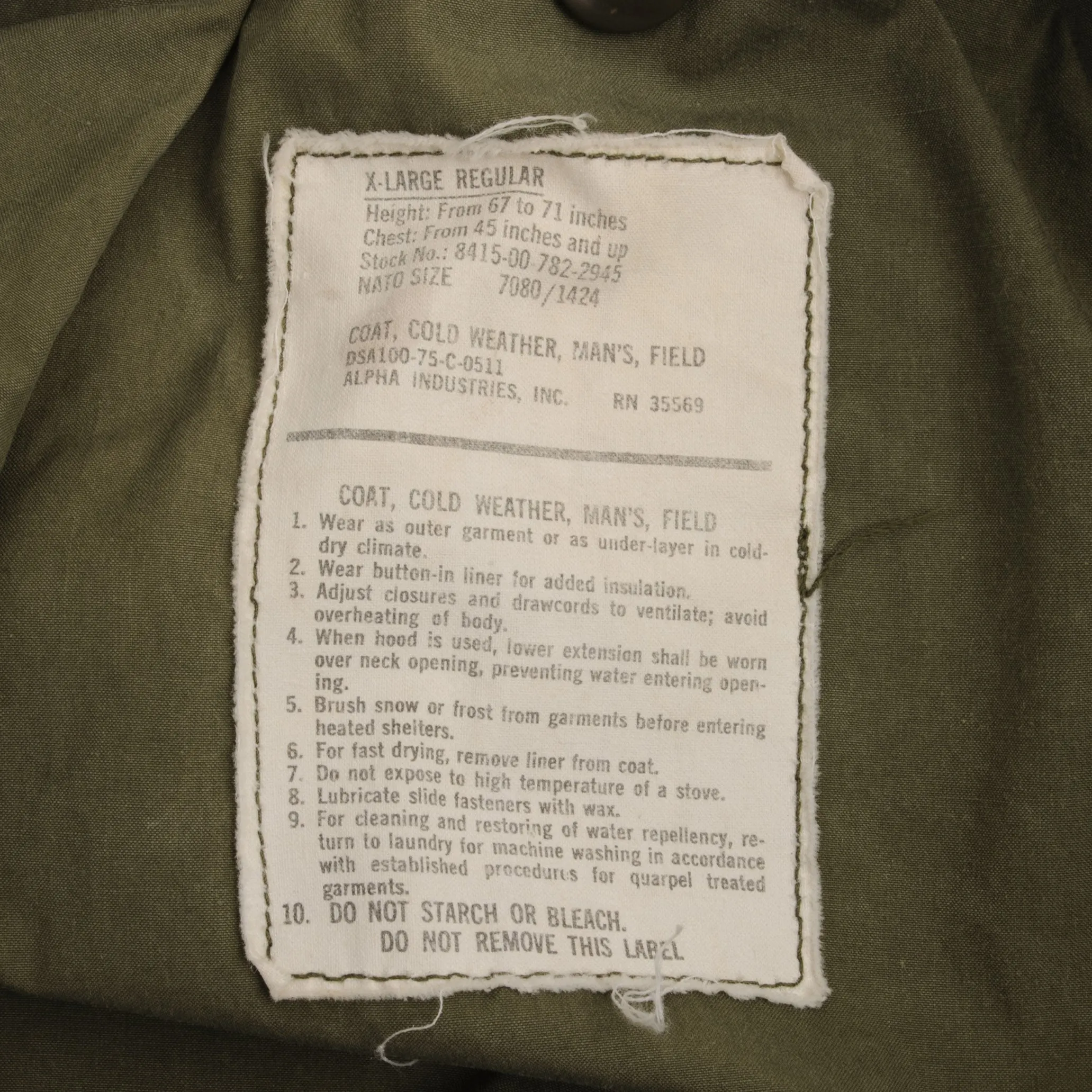 VINTAGE US ARMY M65 ALPHA IND FIELD JACKET 1975 VIETNAM WAR SIZE XL REGULAR