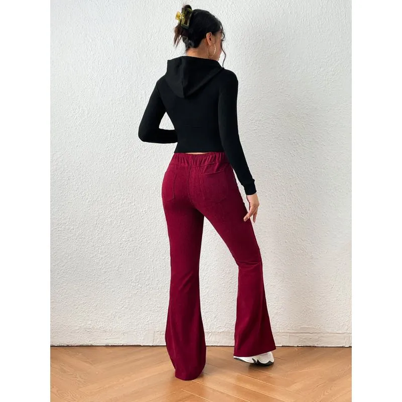 Zipper Solid Color Long Style Pocket Corduroy Pants