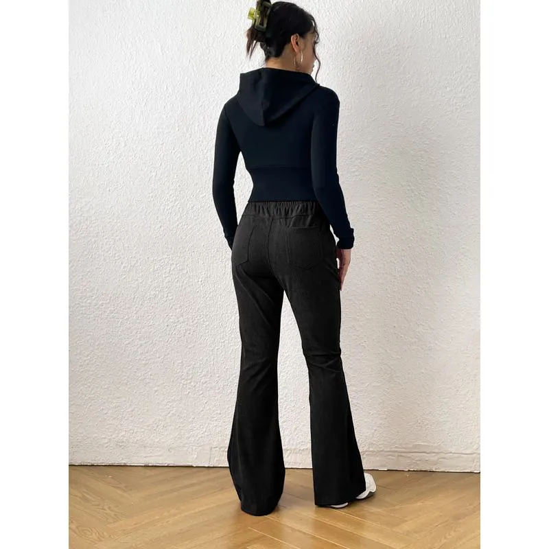 Zipper Solid Color Long Style Pocket Corduroy Pants