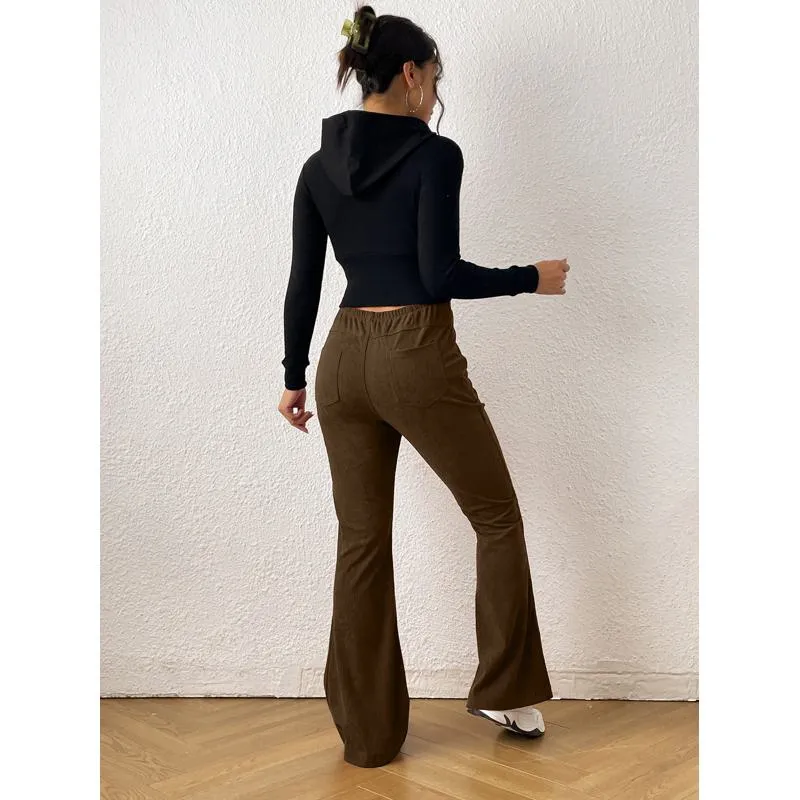 Zipper Solid Color Long Style Pocket Corduroy Pants